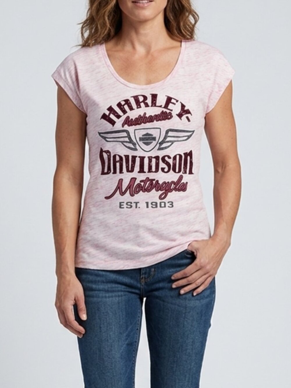 New Cond. Harley-Davidson Pink Short Sleeve T-Shirt Space Dye Flocked Graphic